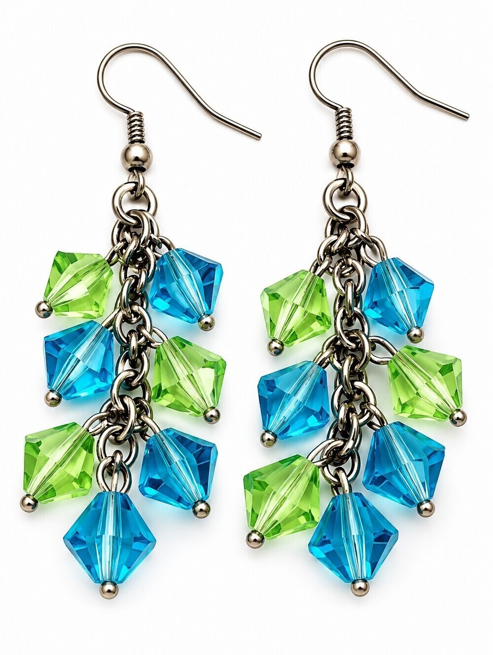 Vintage Elegant Blue and Green Crystal Cluster Dangle Hook Earrings